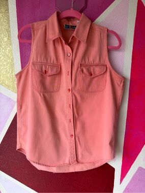Vintage 90s Details Coral Pink Sleeveless Denim Twill Button Down Shirt L